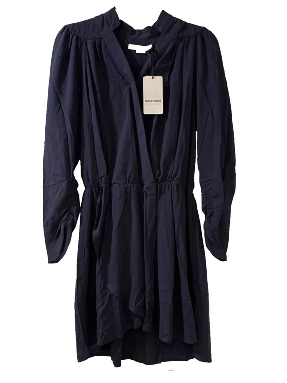 NWT ZADIG & VOLTAIRE | Navy Blue Long Sleeve V-Neck Reveal Mini Dress Small $395 - Picture 2 of 6